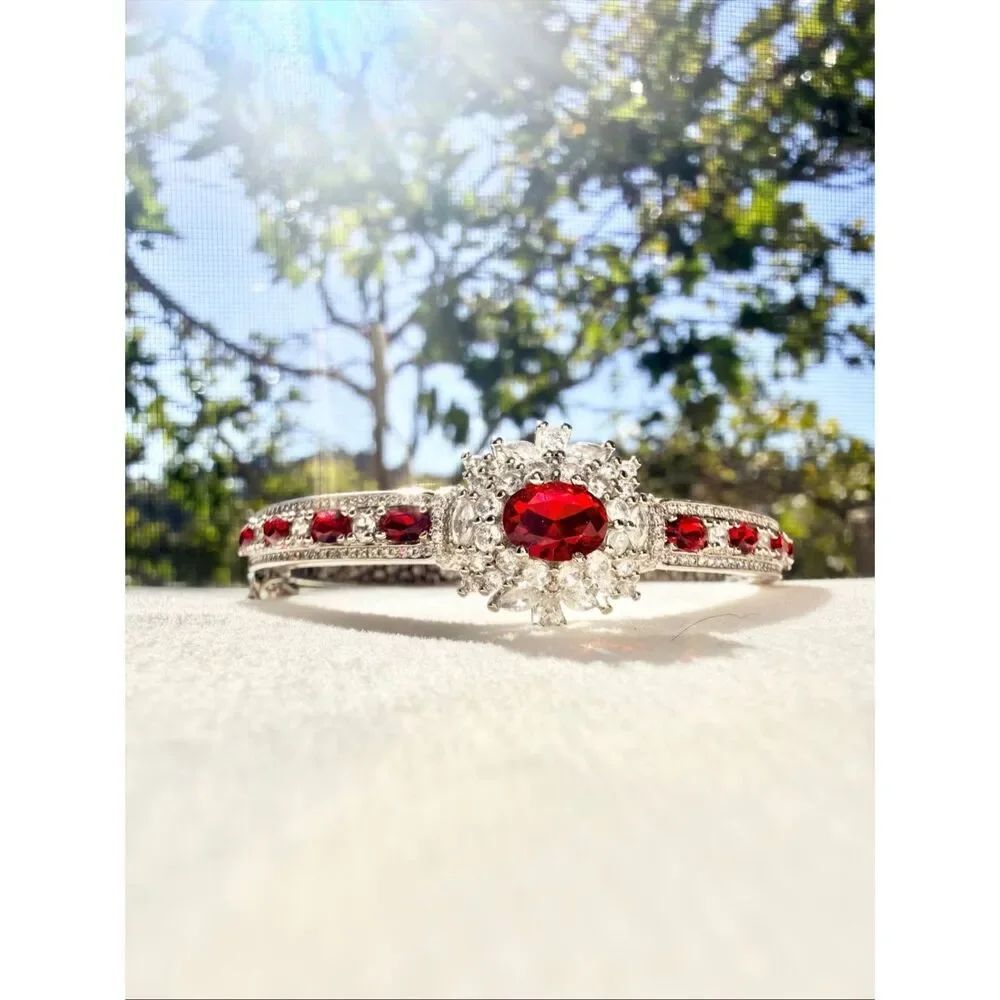 Ruby Red Crystal Tennis Bracelet Silver Princess Statement Bridal New